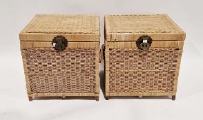 Pair of modern wicker square storage baskets with hinged lids, large Chinese-style brass fixings and