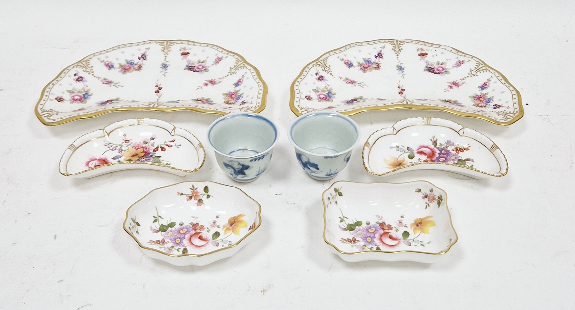 Pair of Royal Crown Derby Royal Antoinette pattern side dishes, a pair of Royal Crown Derby Derby