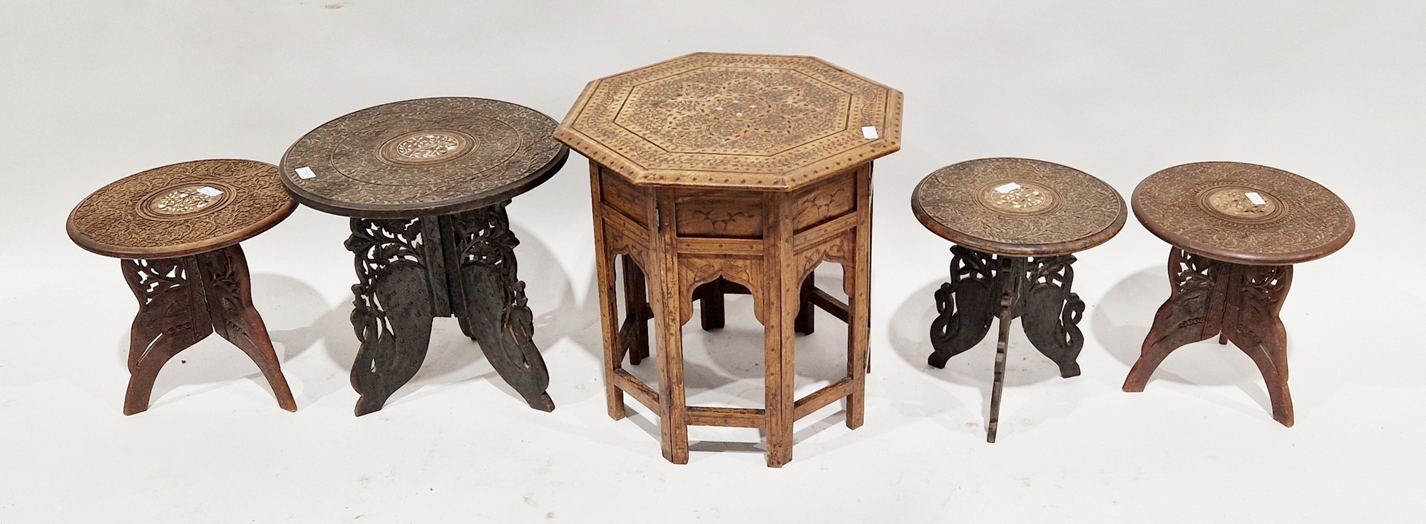 Anglo-Indian Hoshiapur teak folding table of octagonal form with brass and ebony inlay. 46cm wide