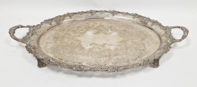 Late 19th / early 20th century silver plated serving tray of oval form, the border and twin-