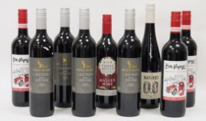 Nine assorted bottles of wine including three bottles of Bon Voyage alcohol free Cabernet Sauvignon,