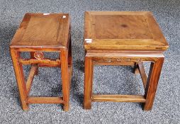 Chinese elm square occasional table with shaped and carved frieze, raised on straight supports, 43cm