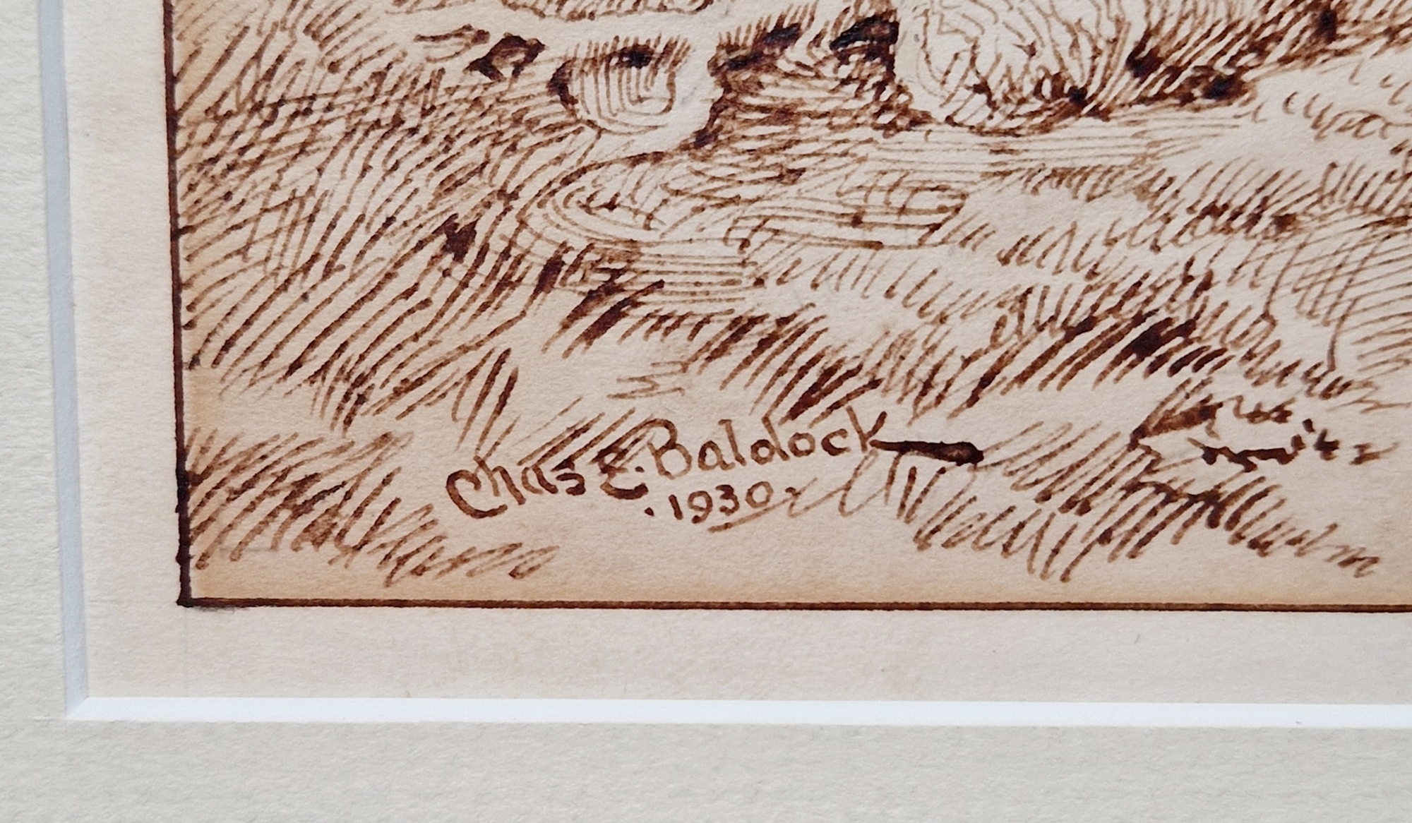 Charles Edwin Baldock (1876-1941) Pen and ink drawing 'Carlton-in-Lindrick, Near Worksop', sheep - Image 3 of 4