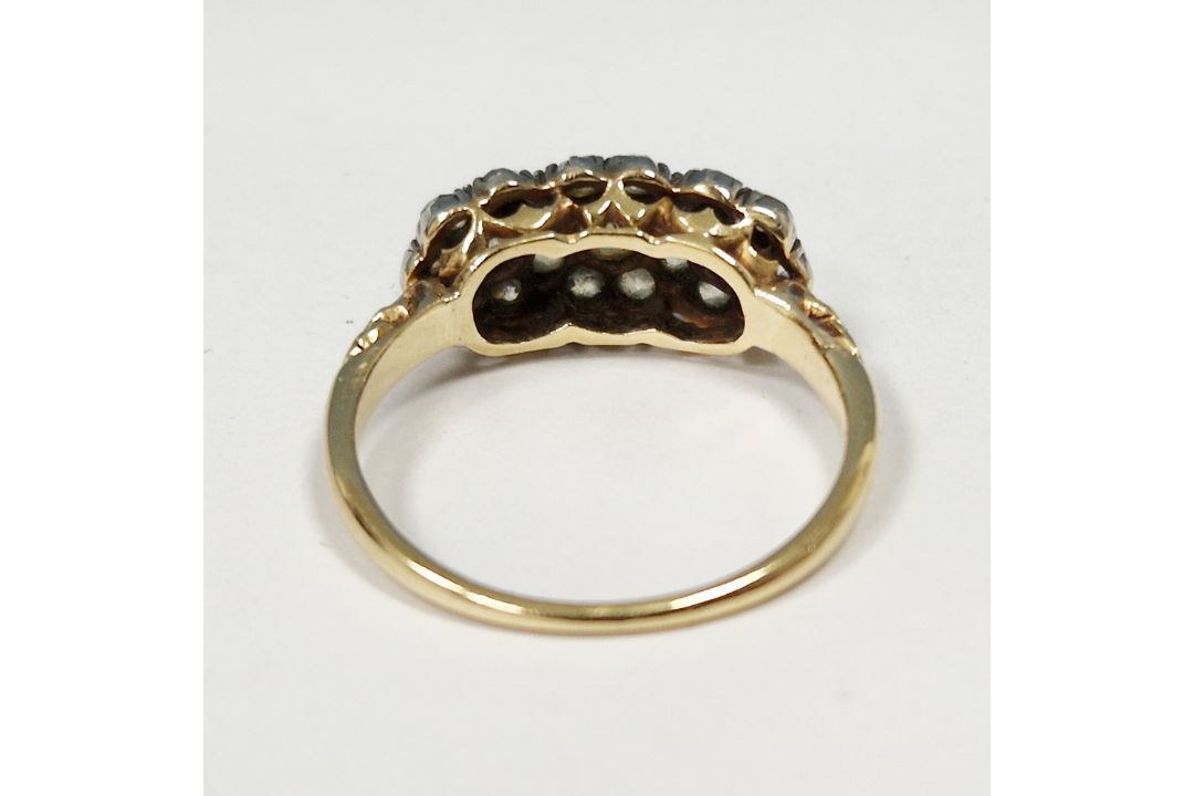 Antique gold and diamond multiple cluster ring set old cut diamonds within triple flowerhead setting - Image 6 of 9