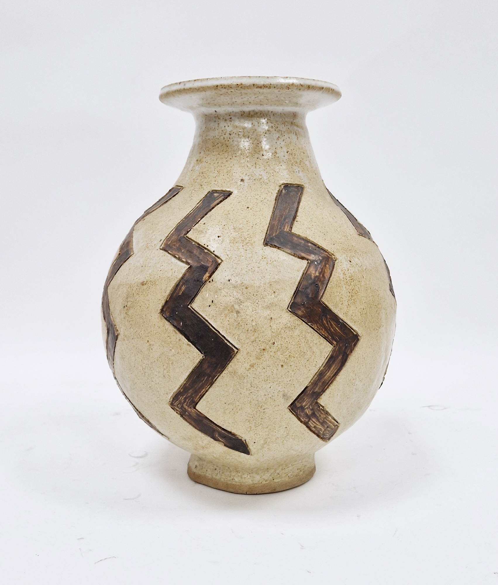 Studio stoneware globular sgraffito vase, incised signature, decorated with a band of brown zig-