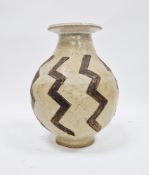 Studio stoneware globular sgraffito vase, incised signature, decorated with a band of brown zig-