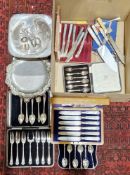 Collection of silver plate and silver plated flatware including cased set of six knives and forks