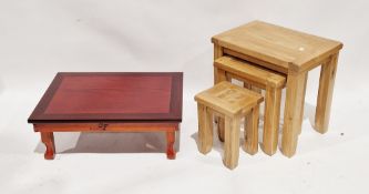 Modern oak nest of three tables, raised on square legs, largest 52cm wide x 49cm high, a modern