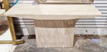 Italian Travertine marble side/console table with shaped sides and raised on a substantial