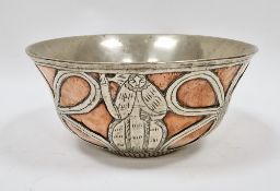 Folk art copper and white metal offering or altar bowl, the exterior with white metal decoration (