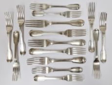 Matched set of Georgian and Victorian silver forks, various makers and dates from 1805 onwards,