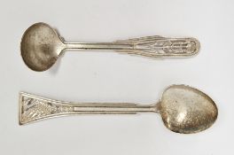 Two Arts and Crafts style Australian sterling silver spoons by James A Linton, one with moulded bird
