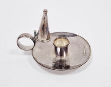 Modern silver chamber candlestick, with ring handle, circular with removable conical shaped snuffer,
