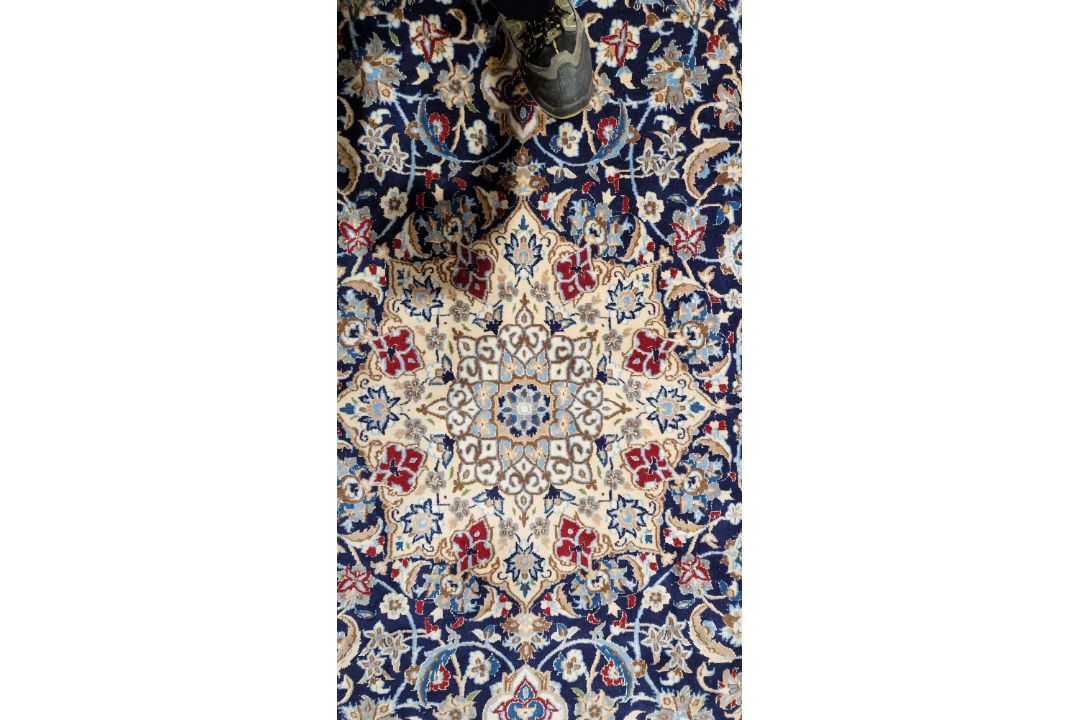 Large Persian midnight blue ground rug with central cream floral medallion on floral field, floral - Image 11 of 22