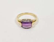 18ct gold, amethyst-coloured stone and diamond dress ring, the faceted rectangular amethyst having
