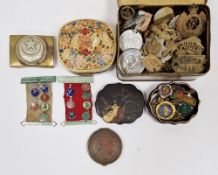 Quantity of badges including approximately 28 military regimental cap badges and other badges, two