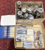 Collection of silver plate and metal items including three candlesticks, biscuit barrel, hip