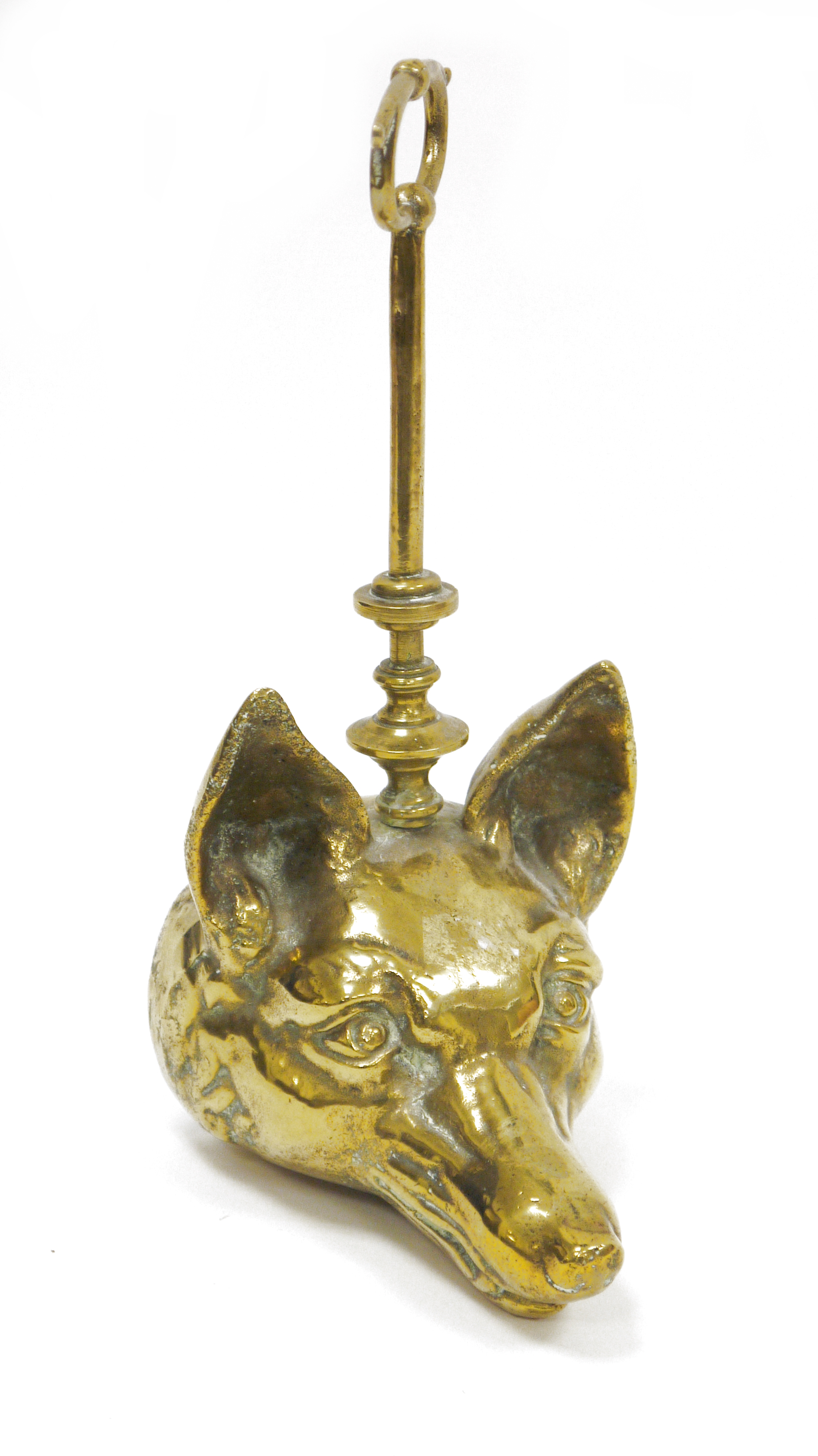 Early 20th century brass doorstop in the form of a fox head with carrying handle, 31cm high