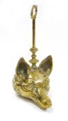 Early 20th century brass doorstop in the form of a fox head with carrying handle, 31cm high