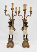 Pair of giltwood and painted effect four-branch candelabra style table lamps in the form of