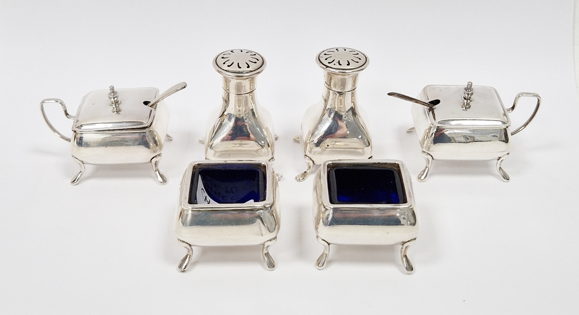 George V silver six piece cruet set, Birmingham 1928 to 1930, A E Poston & Co Ltd, comprising two