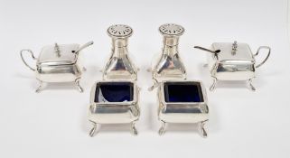 George V silver six piece cruet set, Birmingham 1928 to 1930, A E Poston & Co Ltd, comprising two