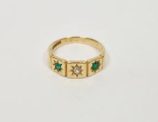 18ct gold, emerald and diamond ring set single old cut diamond and two emeralds, all in star