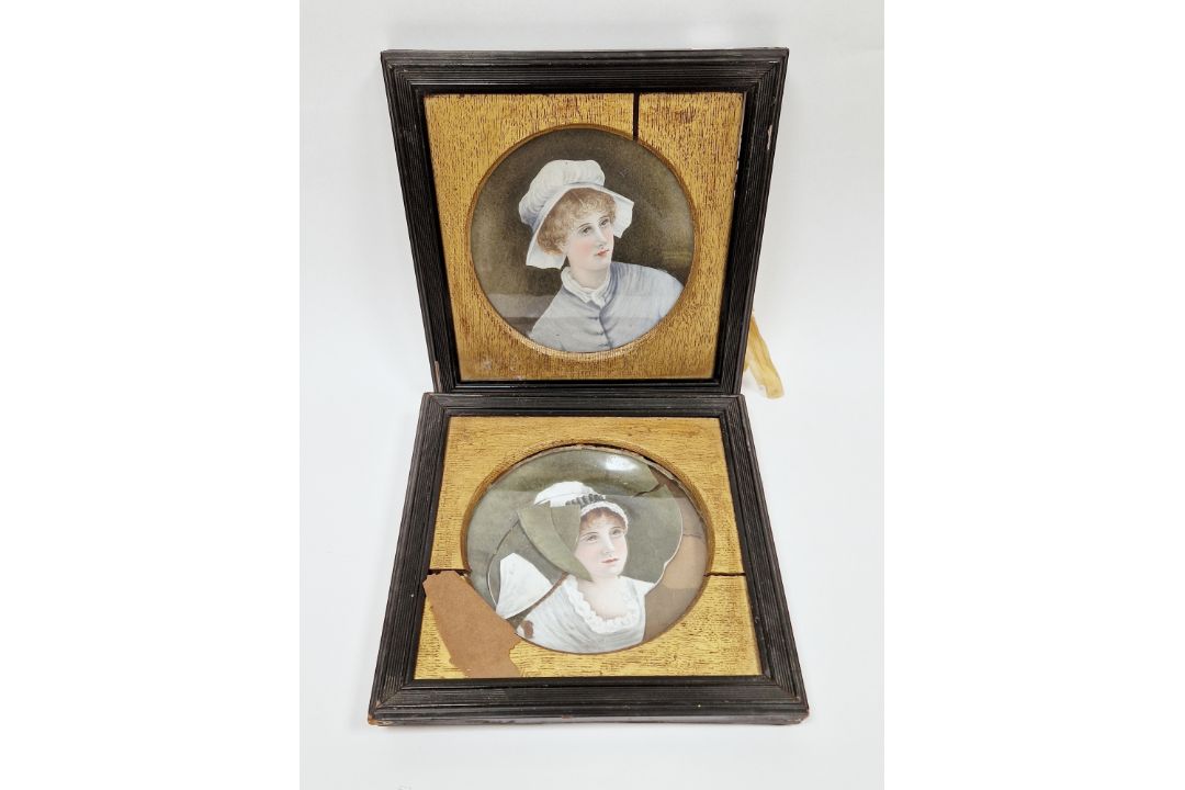 Pair of late 19th century French porcelain portrait plaques, framed, each painted with a portrait of - Image 1 of 2