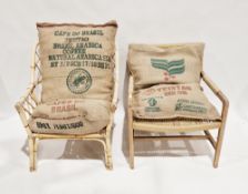 Contemporary teak conservatory elbow chair with rush back and seat, 70cm wide x 74cm deep x 82cm