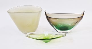 A large studio glass vase by Henry Dean, of compressed oval form, cloudy yellow colourway, signed to