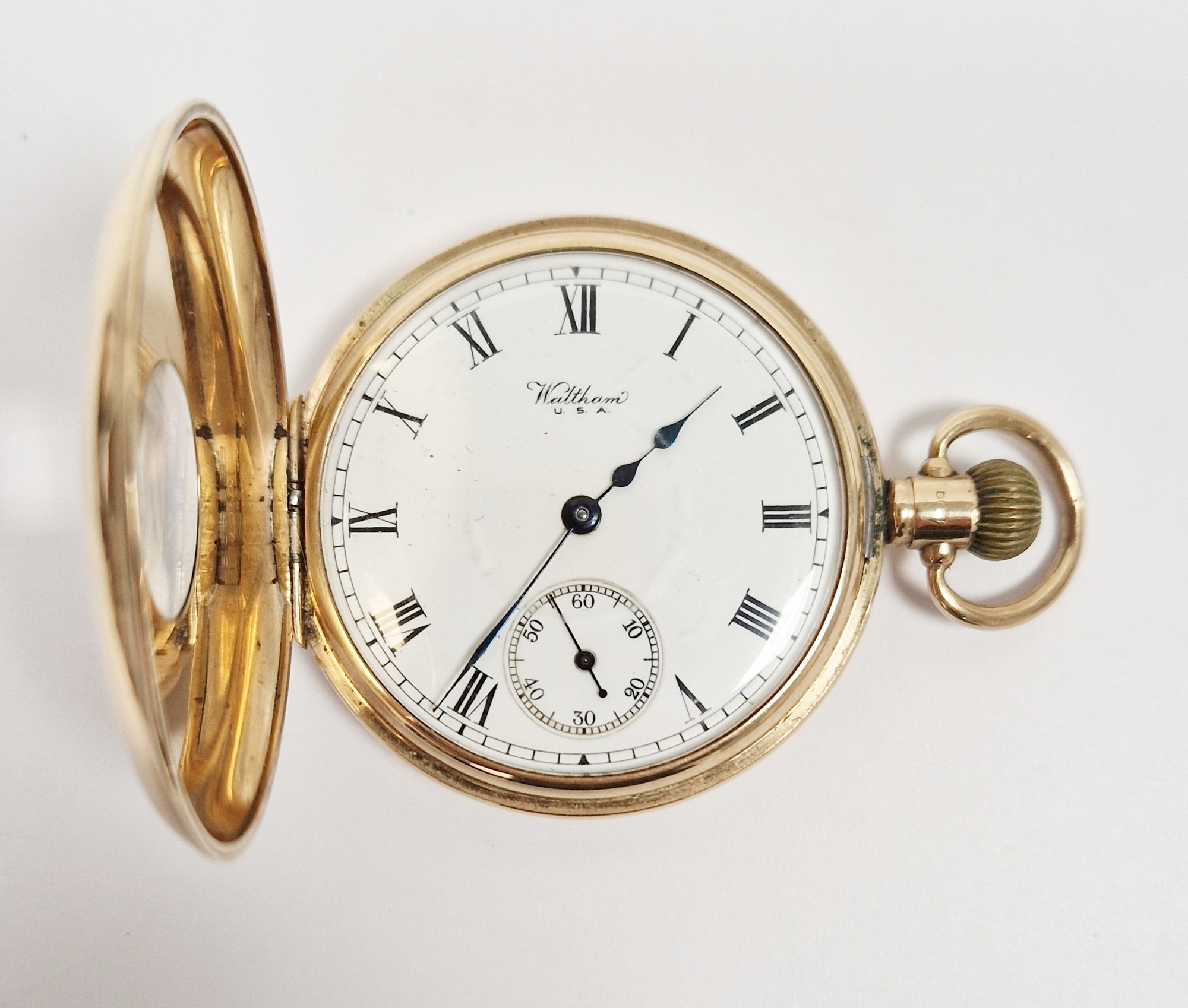 9ct gold cased half-hunter pocket watch by Waltham, the enamel dial with Roman numerals denoting - Image 2 of 2