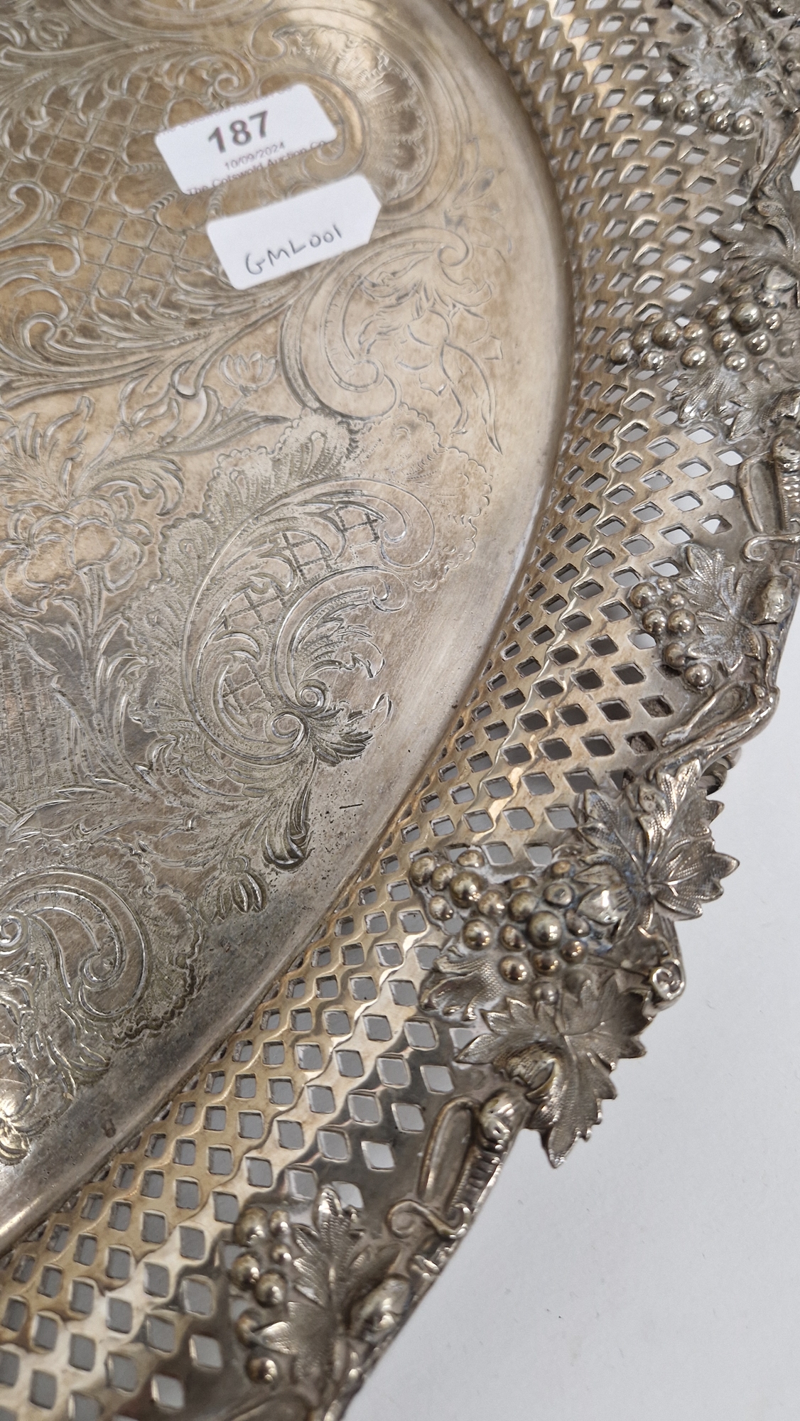 Late 19th / early 20th century silver plated serving tray of oval form, the border and twin- - Image 9 of 20