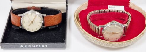 Two Smith's de Luxe 17 jewel gentleman's wristwatches, the circular silvered dial with raised gilt