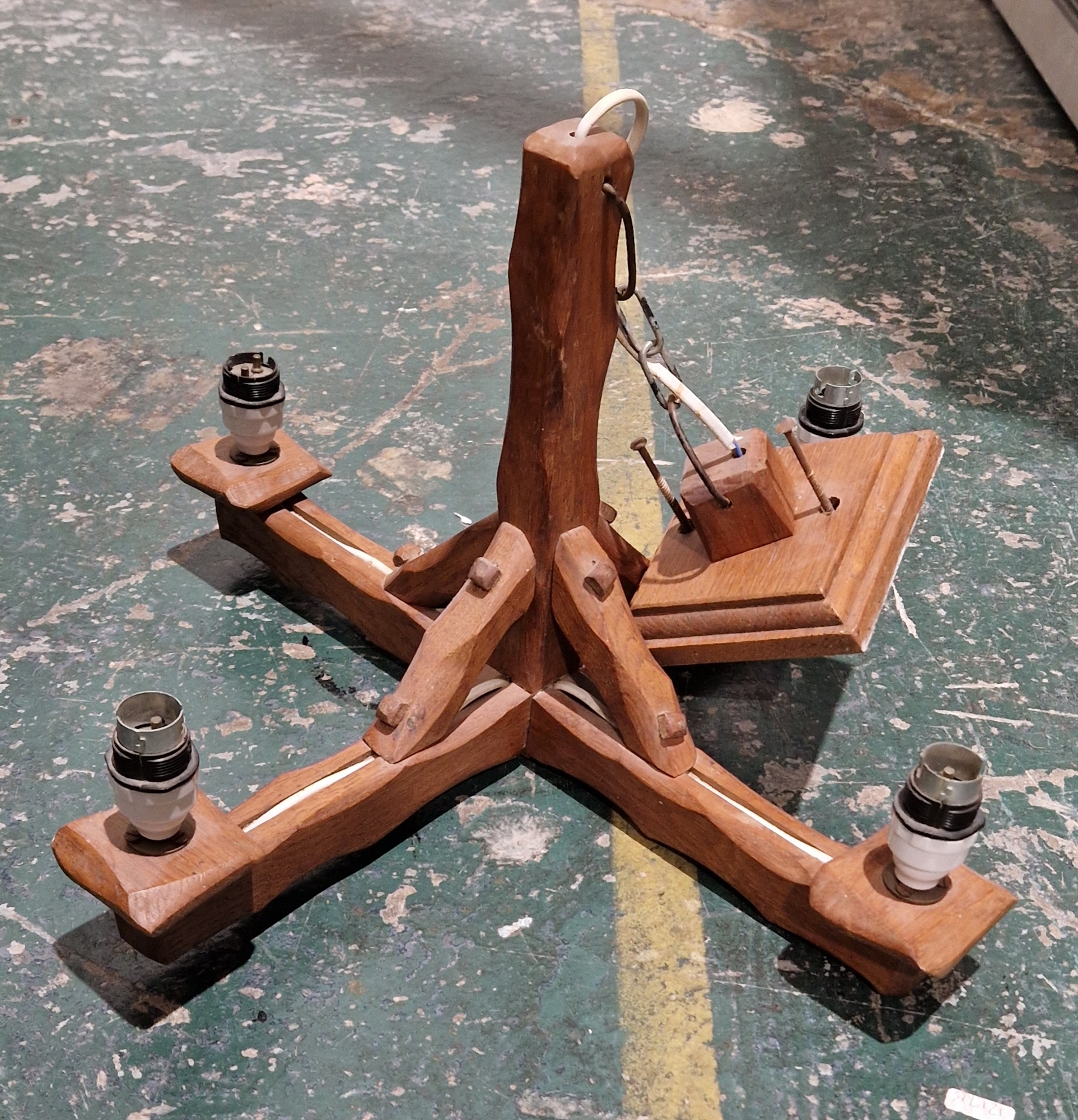 Set of Arts & Crafts style oak light fittings including two four-branch chandeliers/electroliers, - Image 2 of 2