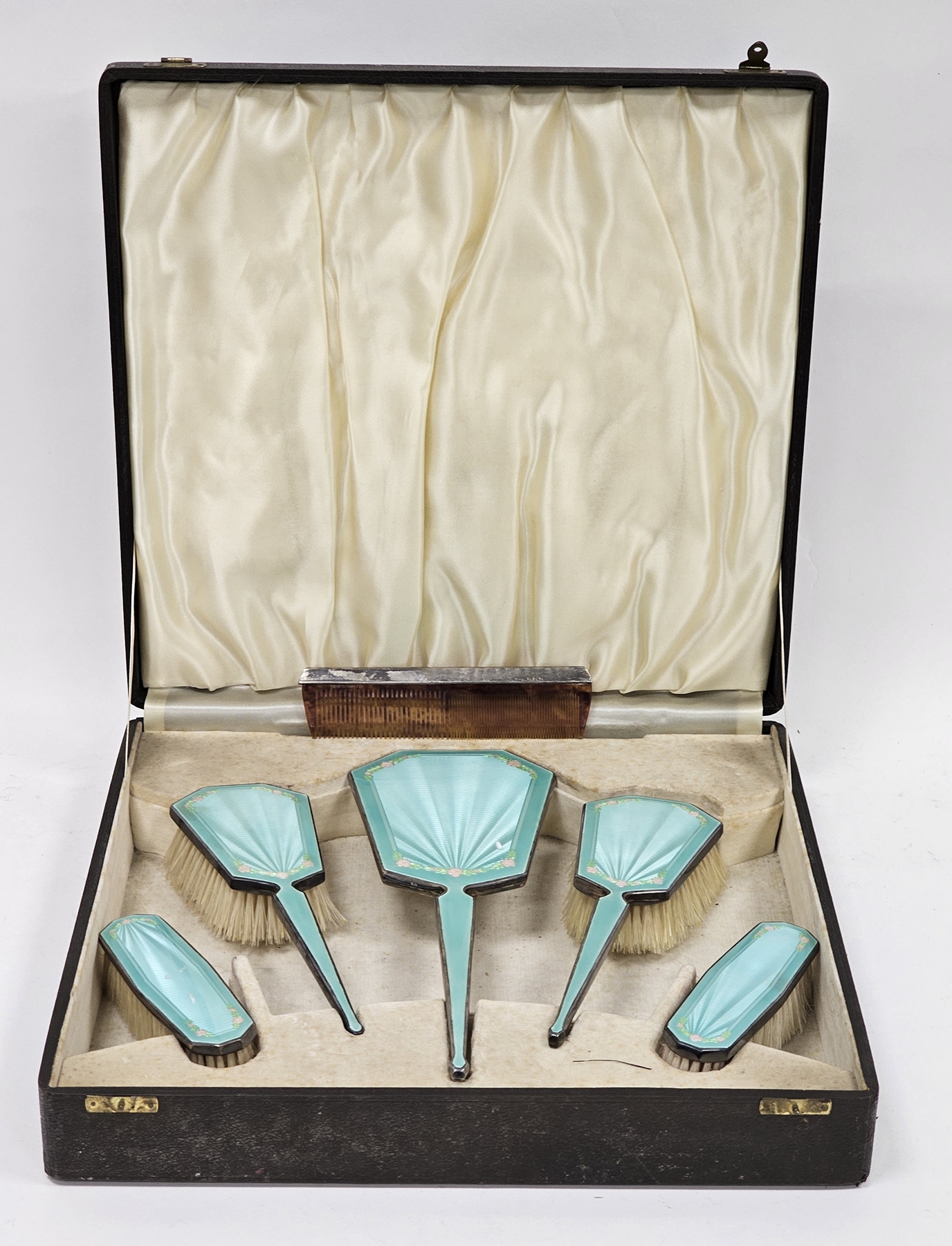 Silver and turquoise green guilloche enamel five-piece dressing table set, Birmingham 1940, WI