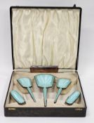 Silver and turquoise green guilloche enamel five-piece dressing table set, Birmingham 1940, WI