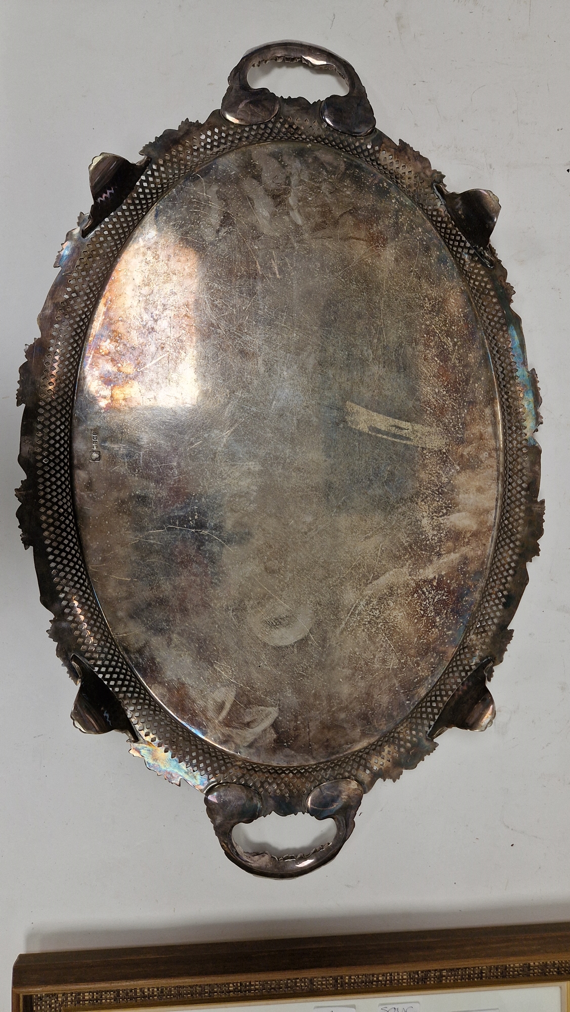 Late 19th / early 20th century silver plated serving tray of oval form, the border and twin- - Image 16 of 20