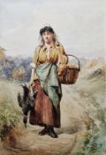 19th century school Watercolour drawing Woman on path carrying game birds, initialled SB and dated