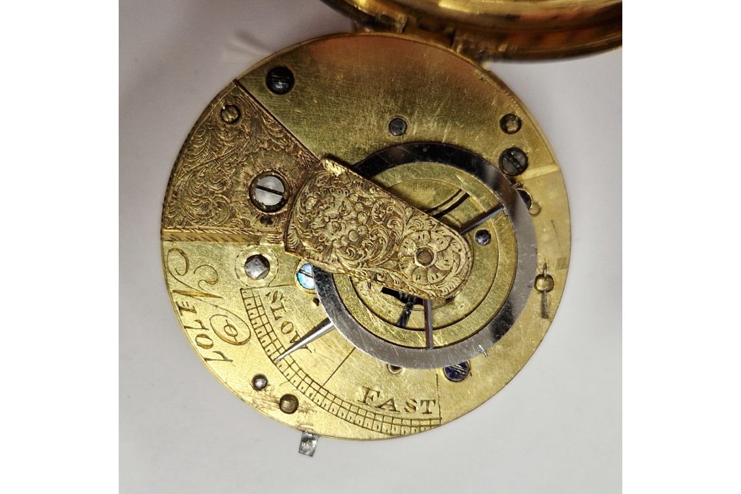 19th century gilt metal cased open-faced pocket watch, the gilt metal dial having raised Arabic - Image 2 of 5