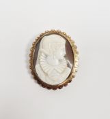 Victorian gold-coloured metal cameo locket brooch, carved with portrait of Mary Queen of Scots, with