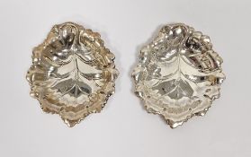 Pair of silver pin dishes in the form of leaves, Birmingham 1972 Barker Bros Silver Co., 9cm long,