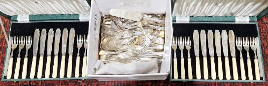 Mappin & Webb part silver plated cutlery set, rat-tail pattern including 6 serving spoons, 12 soup