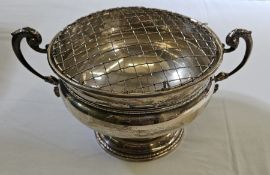 Mid 20th century silver rose bowl with bead edge, shouldered with fish mask and scroll handles, on