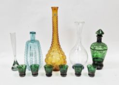 Venetian green glass decanter with six matching cups decorated with a metal overlay, an Italian
