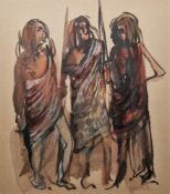 Joan Waite (20th century) Watercolour Study of three Masai warriors, signed lower right, framed