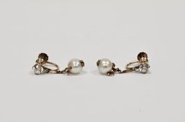 Pair 14ct gold pearl and white stone drop earrings screw pattern fixings