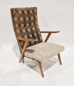 Mid-century retro teak open armchair with square back and green/grey check wool upholstery, 64cm