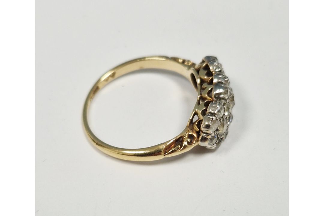 Antique gold and diamond multiple cluster ring set old cut diamonds within triple flowerhead setting - Image 5 of 9