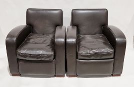 Pair of brown leather armchairs in the Art Deco style, raised on wooden square supports, 80cm wide x