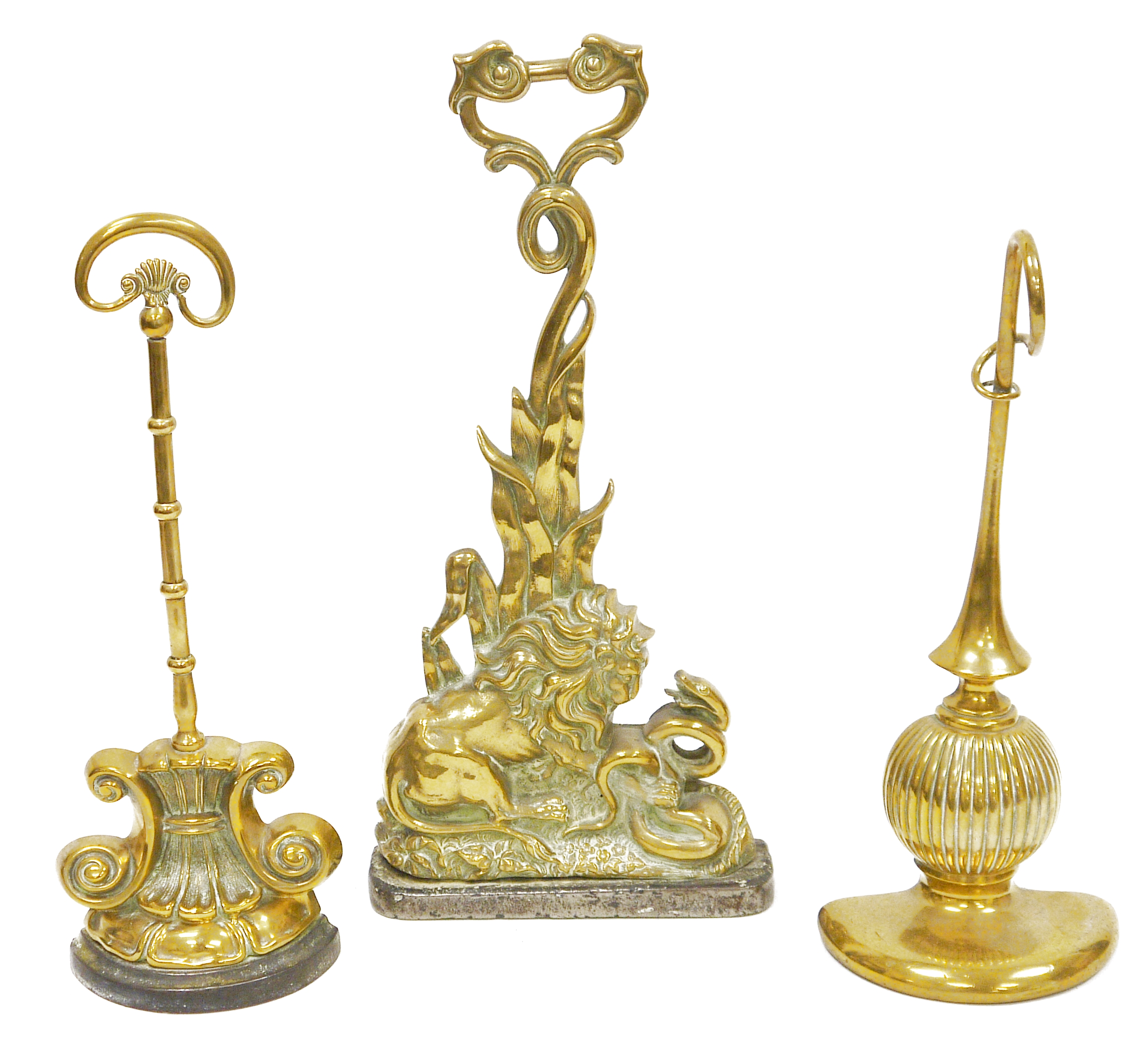 19th century brass and cast iron doorstop cast in the form of a lion and serpent with cast foliate